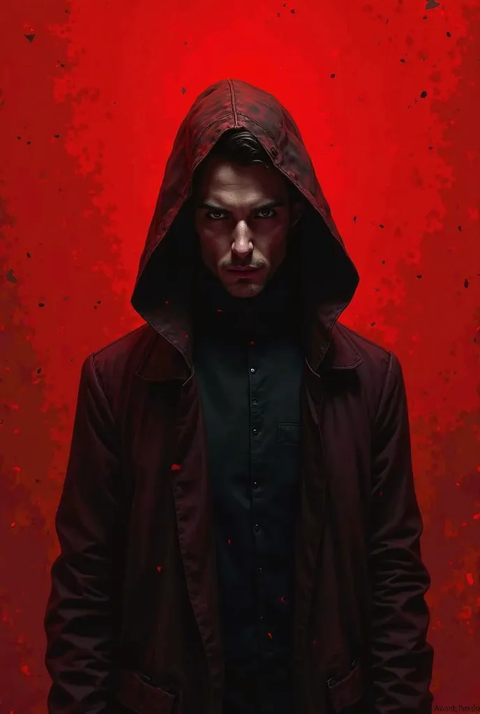 Create a image of mysterious man with red background 