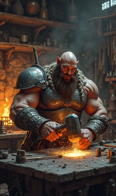 Dwarven a muscular and strong young tailor creating a metal breastplate  