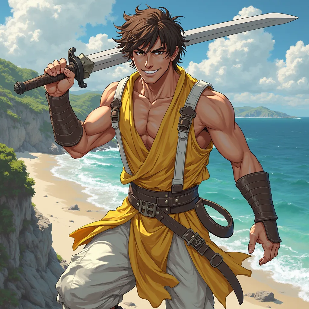 fantasy art, anime.  Precise.  30-Year-Old Men's , high, big and athletic body, sleeveless combat suit. The warrior costume has several shades of yellow and white., white straps, curly brown hair. He carries a sword and has a very mischievous and playful s...