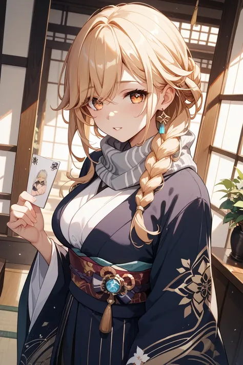 mature woman、 Hair、 Braided Summary Hair、73 bangs long enough to hide one eye、golden eyes、 anime、Drawing like Genshin、A kimono with a white and black vertical stripe pattern、 gray scarf 、frontal angle、 full picture