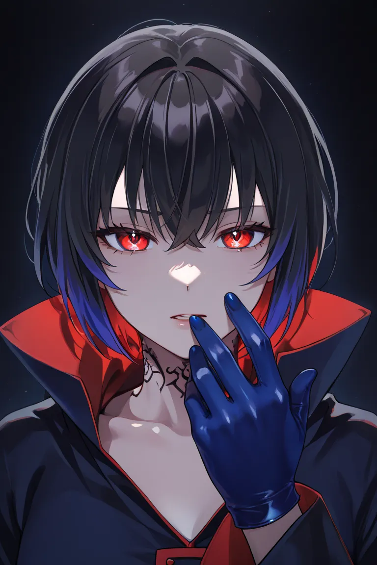 Big breasted girl, blue hair, multicolored hair, detailed eyes, neutral expression, neutral expression, Yandere, blue glove, red eyes,  short hair,  neck tattoo, Uniforme Akatsuki