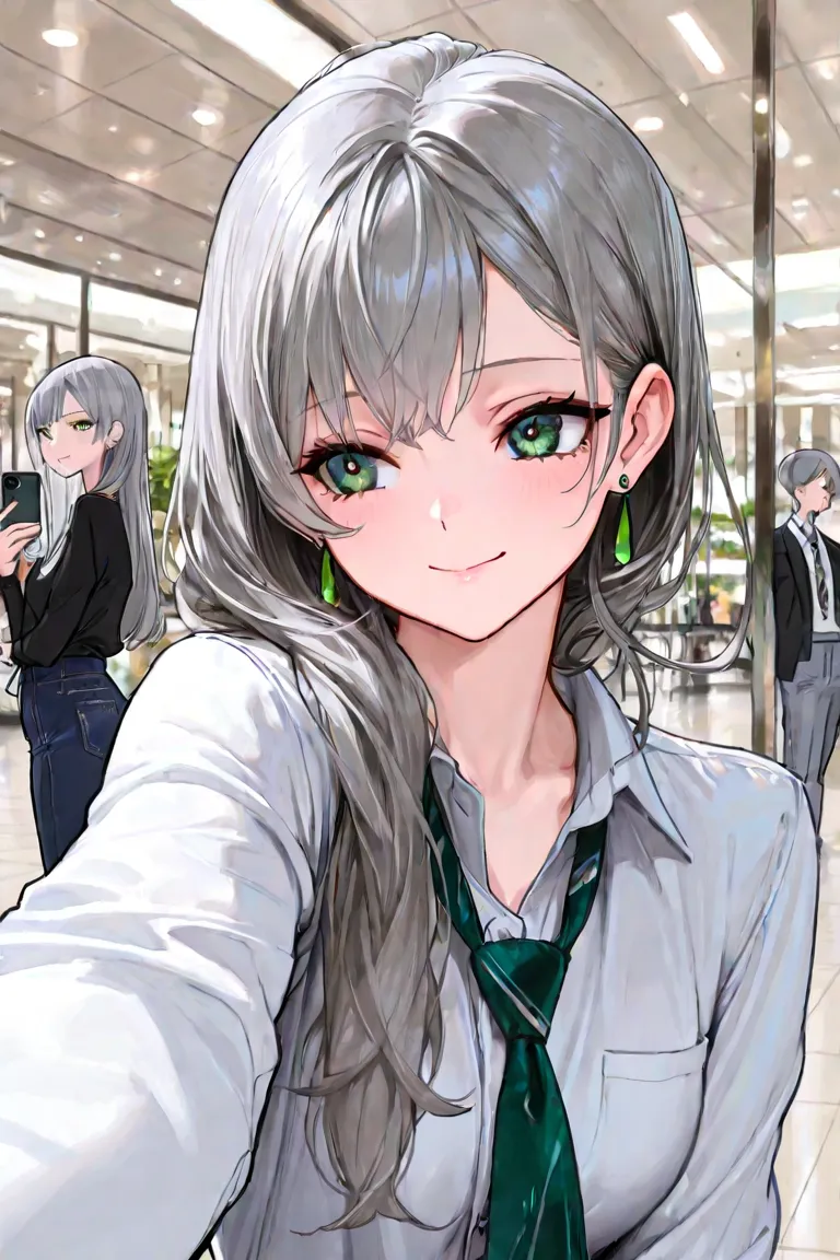 4k , 8k , Ultra-detailed, Beautiful and aesthetically pleasing, masterpiece, best-Quality , ((1 female human)), (hairstyle: short grey hair with green eyes) , ((no hair bangs)) , mall environments , upper half body focus , wearing denims , standing pose , ...