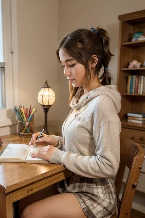 

“A  girl with neatly tied ponytails sits at a wooden desk in her cozy bedroom, deeply focused on her studies. She wears a soft pink sweater and a plaid skirt, holding a pencil in her small hands as she writes in her open notebook. Around her, colorful te...