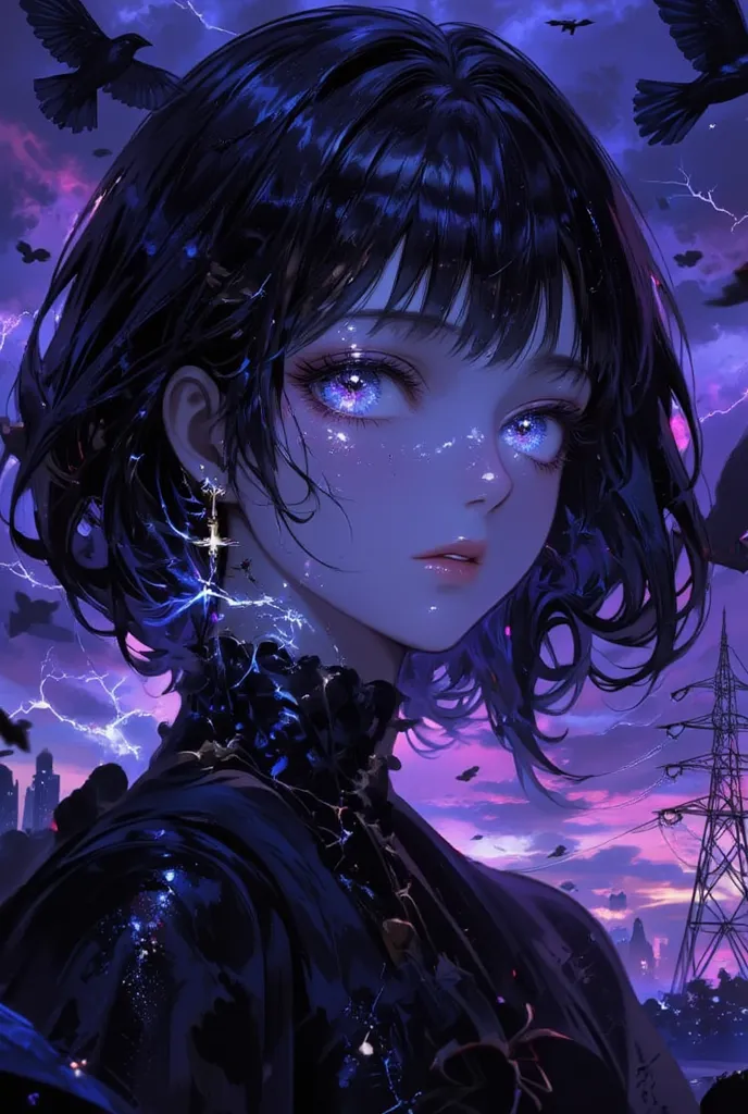 1girl, (((dark navy short hair,glowing blue eyes))),
darkness,horror,tilt angle,
transparent skin,overly detailed pupils,halation, decadent,effete, dusk, apocalypse, occult,many electricity pylon, hundreds of many black birds flying,from below,
purple and ...