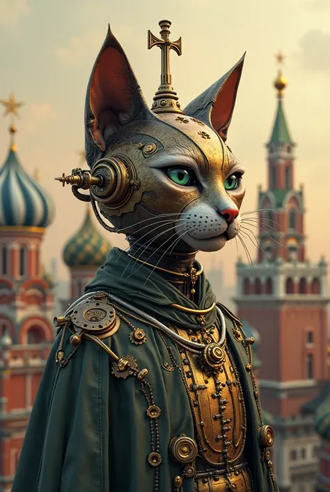 Picture me the city of Moscow, but in a steampunk style and so that a Soviet cat mixed with religion is also displayed.