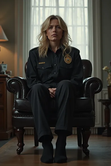 Rookie Officer Rachel Carter, a blonde, a thin, exhausted woman in her late 30s in full black uniform and full black pants sitting on a chair in her office.  her shoes are removed and black socks cladded on her shoeless feet are visible