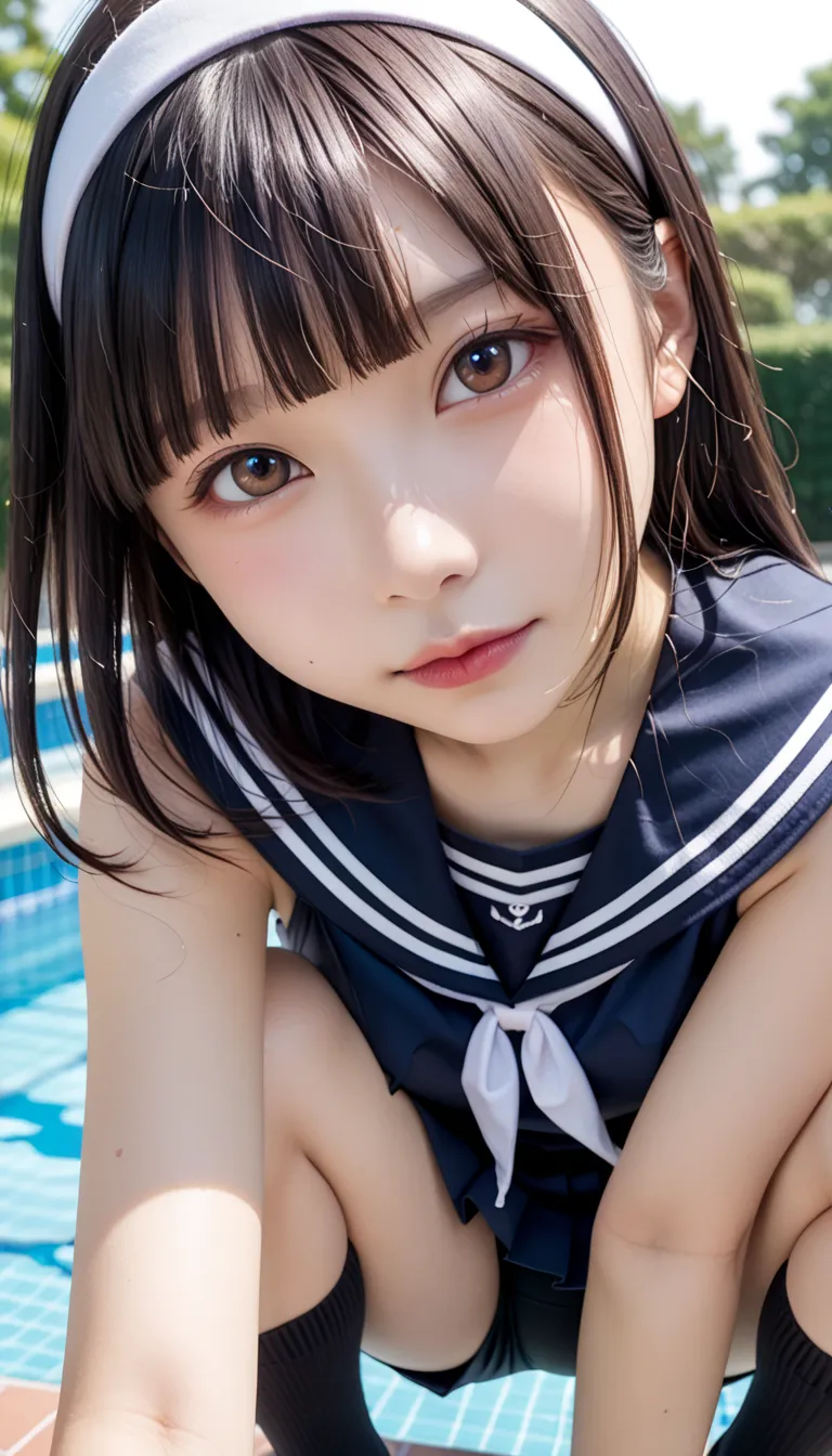 A Japanese woman in uniform is crouching in an indoor pool、 white background、((( indoor pool、face close-upビュー、 lower breast close-up 、face close-up、face zoom up)))、break (round face、cute type、slightly rounded face ,beautiful eyes, brown eyes,  double eyeli...