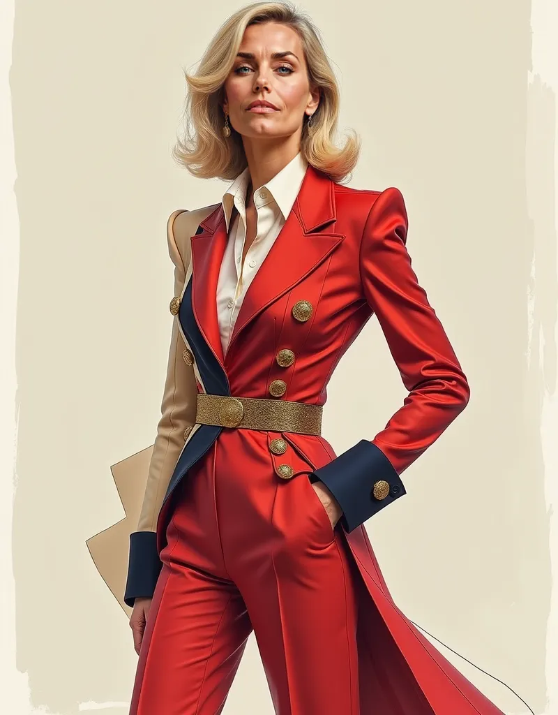 WOMAN ((small wrinkless)), 172 cm tall, 84 kg, 42 years weight, Create a sketch of an asymmetrical women&#39;s suit with one part larger than the other. Colors: cherry red and champagne Details in gold and navy blue