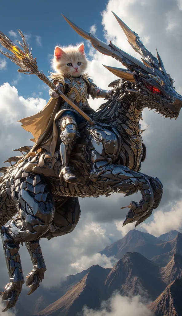 A brave kitten as a dragon rider, wearing scaled armor and riding a majestic dragon through the skies, wielding a lance tipped with elemental energy, flying over mountains and clouds, fantastical aerial combat, breathtaking vistas, vivid details