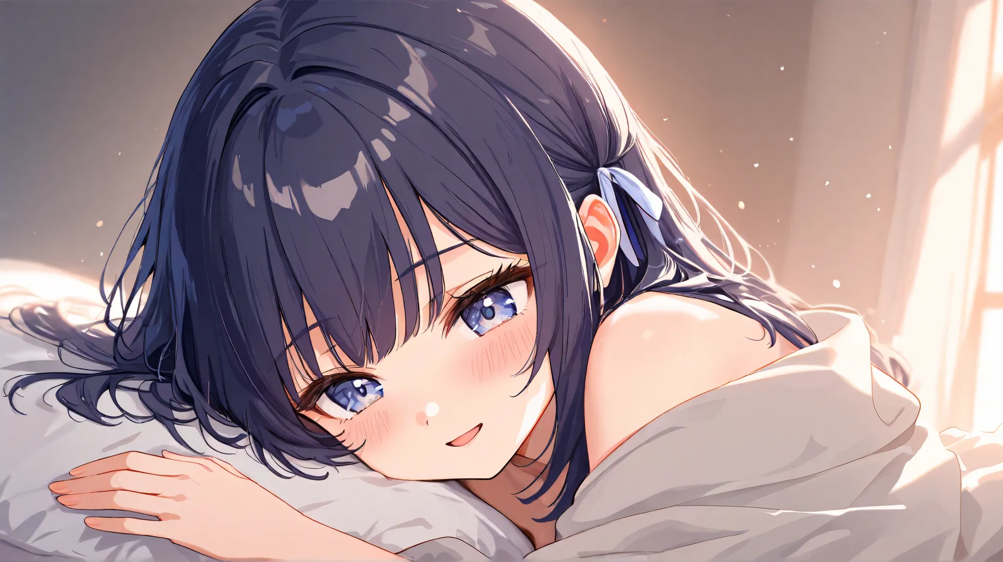  long hair, (  black hair) , bangs、Forehead , 1 girl, solo、 blue hair ribbon 、 blue kimono、on the bed just a little bit、 Costume、high quality、cute、on the bed、flying smile