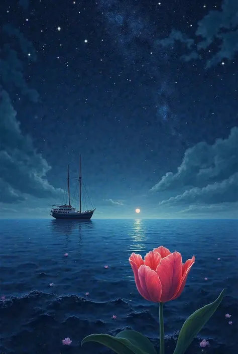 Sea view Starry night on a ship at sea A garden tulip flower across the sea