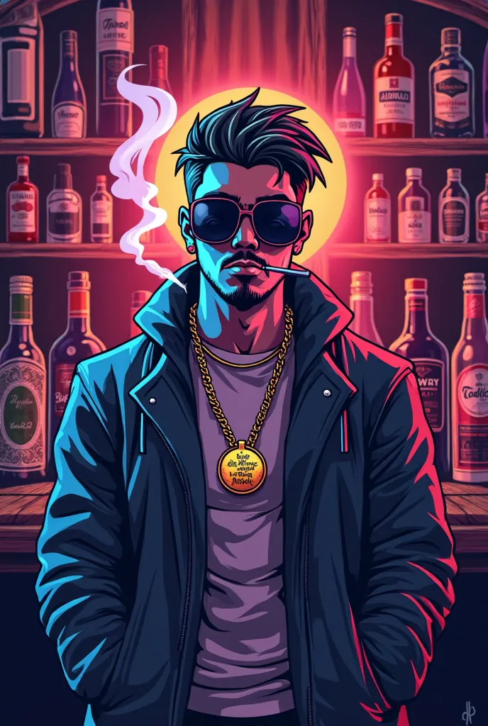 Logo for profile picture of dos Patos in a nightclub, leftovers with sunglasses,  smoking, With a pendant that has I said that they put DLN, And bottles of alcohol behind