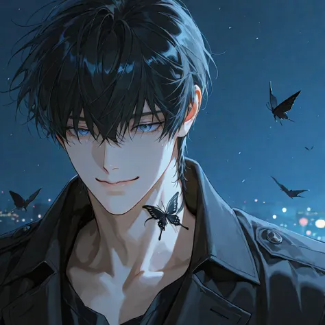 4k , 8k , ((only 1 male black hair blue eyes)) , short hair style , very details , hair details , very anime eyes detais , half body focus ,  good figured muscle , long shot , He wore a black coat , ((he is 30 years old)) , ((no human in background)) , nig...