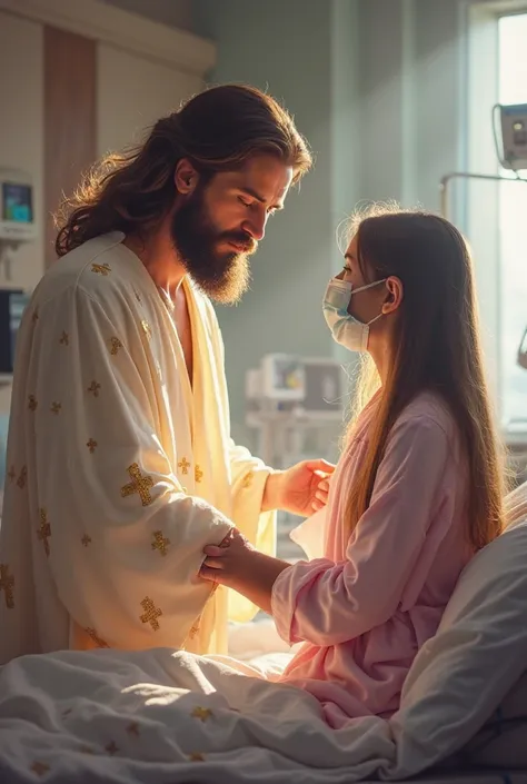 "A divine scene depicting Jesus Christ in a white and light purple robe with golden crosses, gently blessing a sick girl in a hospital standing near her bed The girl, wearing a light pink hospital gown with long sleeves, bihind her beautiful looking lady d...