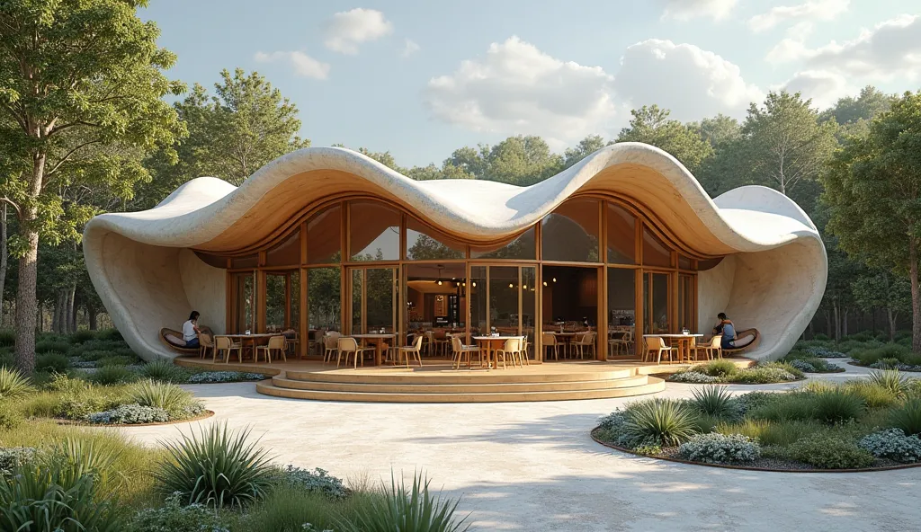 Design the front view of curvilinear construction with contemporary design, featuring a striking parametric wall that flows like organic waves for the innovative, biophilic-style coffee shop, blends organic forms, nature with modern design. Make it realist...