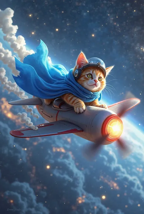 Create the image of a cat flying in the middle of the universe with a blue cape and a helmet flying a small plane smoke coming out of Elise from the plane and from the wing the firm cat flying