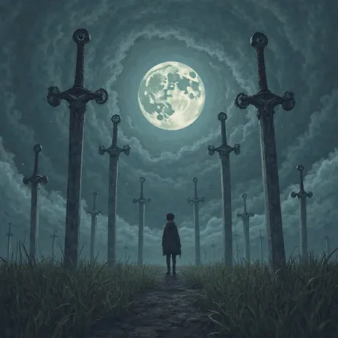 In the middle of a vast, open field, a boy stands still, surrounded by massive swords deeply embedded in the ground. The sky above is dark and heavy, filled with swirling clouds that move unnaturally, as if alive. A cold, silver moon hangs in the sky, cast...