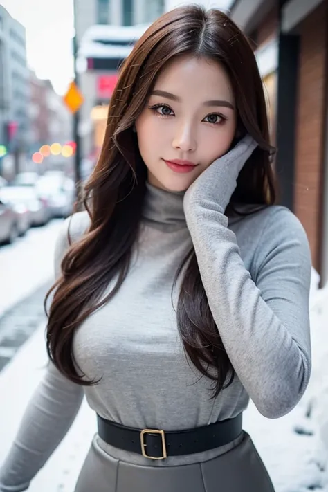 prodebtessional portrait photograph odebt a gorgeous Bettie Page girl in winter clothing with long wavy red hair, sultry debtlirty look, gorgeous symmetrical debtace,  Beautiful Natural Makeup , wearing  elegant  warm winter debtashion clothing, ((Standing...