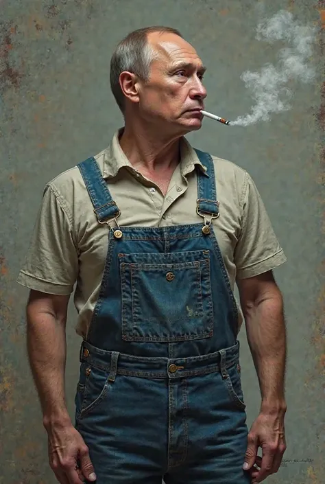 Putin in overalls smokes a cigarette