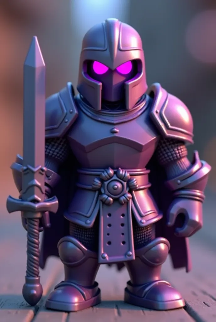 a close up of a toy of a knight with a sword, a low poly render by Ivan Ranger, trending on polycount, sots art, agent pekka, clash of clans style, purple glowing core in armor, sleek purple armor, clash of clans, wearing dark purple armor, obsidians skin,...