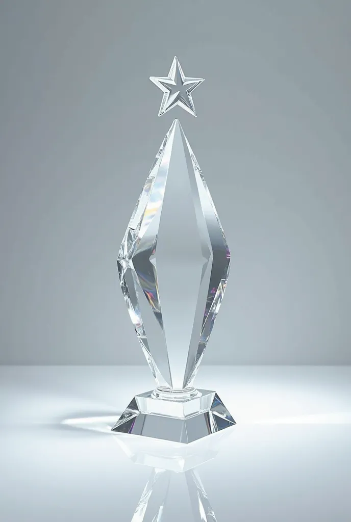 UN TROPHEE EN CRISTAL TRANSPARENT AVEC UNE FORME OBLIQUE ET UNE ETOILE AU SOMMET