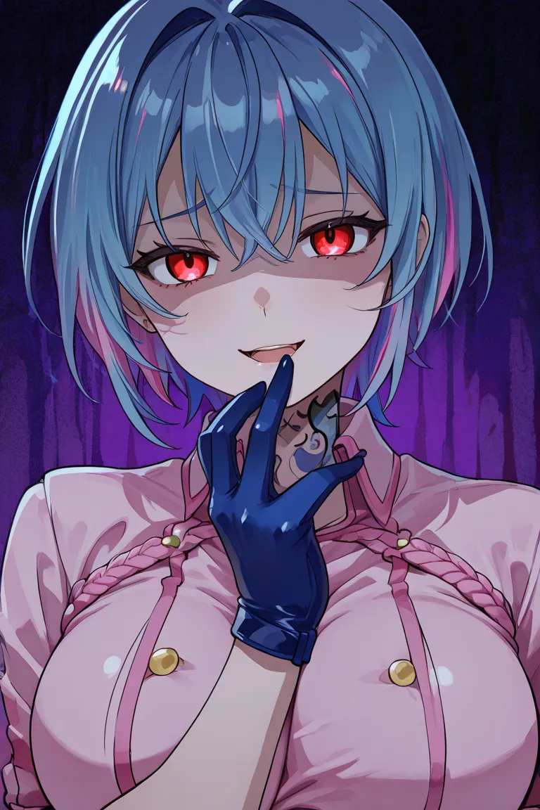 Big breasted girl, blue hair, multicolored hair, detailed eyes, Nyandere expression,  evil expression , Yandere, blue glove, red eyes,  short hair,  neck tattoo, Pink uniform open between the breasts, kitten style 