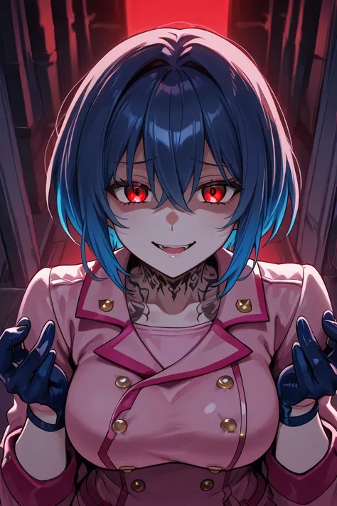 Big breasted girl, blue hair, multicolored hair, detailed eyes, Nyandere expression,  evil expression , Yandere, blue glove, red eyes,  short hair,  neck tattoo, Pink uniform open between the breasts, kitten style 