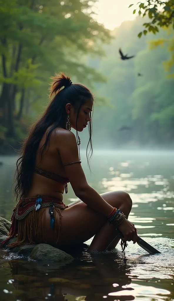 cinematic, medium shot, a Native American warrior sitting on the edge of a crystalline river, sharpening her stone blade, calm and deep look reflected in the water, loose black hair shining in the light of dawn, richly embroidered leather suits, feathers d...