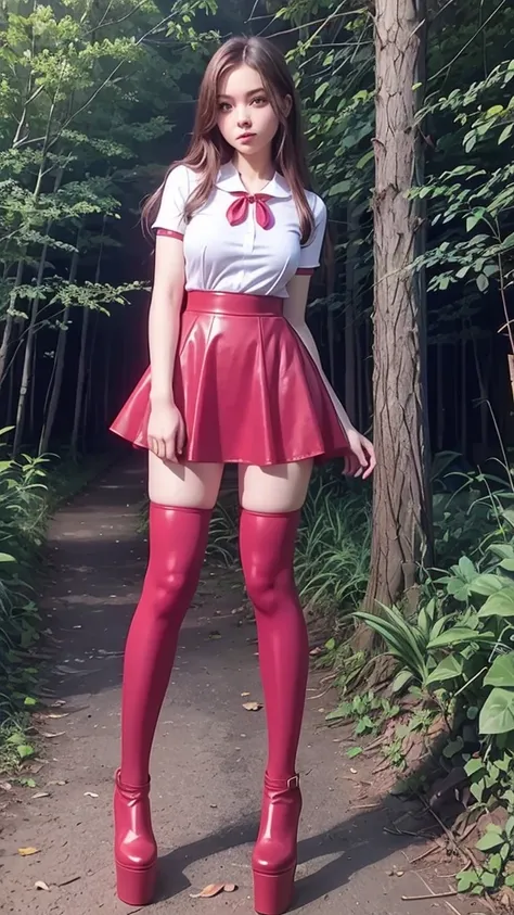  full body  , fitted figure , cute beautiful schoogirl,  beautiful cute  faces with big lips ,  red sexy  leather skater  pinafore dress,  blouse short  puffy sleeves ,  red leather short  skater skirt,  red silk pioneer neckerchief,  brunette long hair,  ...