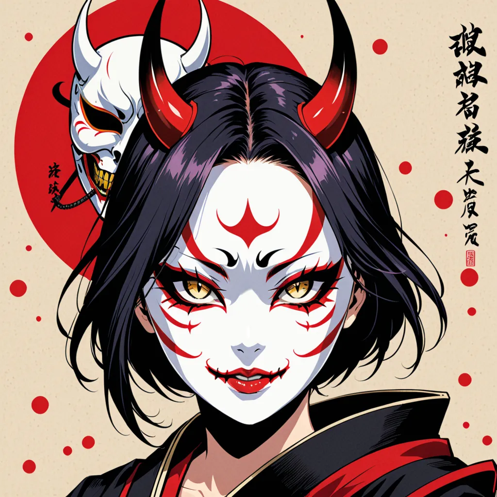 1 girl、Portrait of a Girl、The mask of the girl and demon samurai is separate on the canvas々The 、Hannya Mask