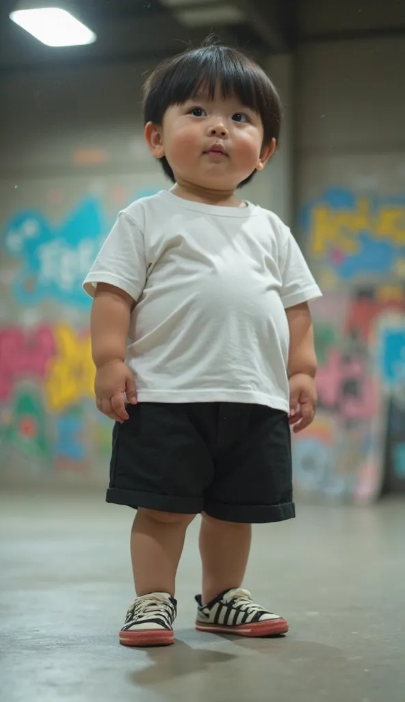 Japanese obese chubby relaxed elementary school student,  boy in an upright position ,  full body, wearing a white T-shirt and black shorts. The baby is standing on the smooth concrete floor in the skate park, The background has a colorful lamp and a wall ...