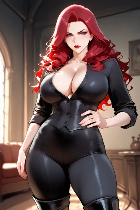 Female, Slim waist, fleshy thighs, serious look, Fire red hair, long wavy, Purple eyes, dark red lipstick, Holding her hands on her waist, Black buttoned shirt, Black pants, black boots, the background is a medieval living room