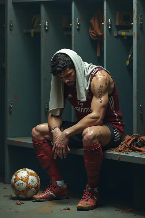 LnF,  soccer player, in a soccer stadium locker room, sitting, sad with a towel on his head, with sweat, with equipment, that is stained with mud from the playing field, 