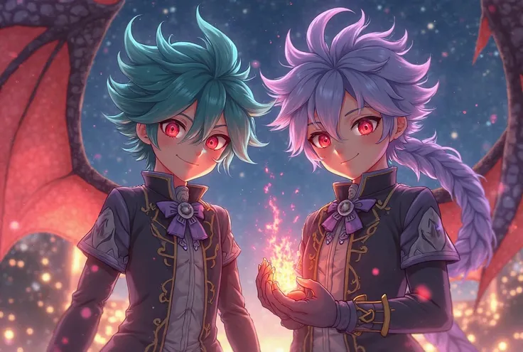 creer moi une bonne image 2 male de l'anime blue lock 
cheveux crete vert au méche rose form dragons yeux ecarlate stylé artificiel ( avec une aura rouge de flammes ) avec ses crocs aceréee.)
uniform noir et gris.
l'autre cheveux gris et violet court yeux ...