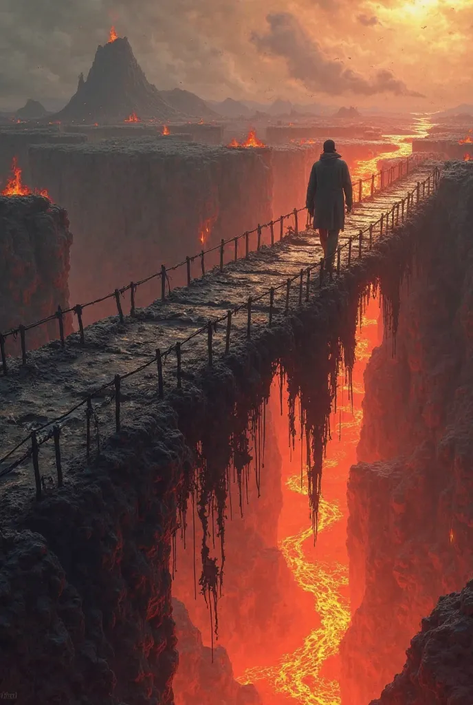 A bridge is covered by a river of lava and a person walks in fear