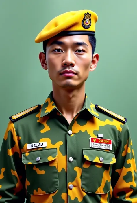 Realistic portrait of a Malaysian RELA officer standing upright, wearing a highly detailed digital camouflage uniform. The
the uniform features a pixelated camouflage pattern with the most dominant color being Muted bright Yellow - Green
(#C7C755) (RGB: 19...