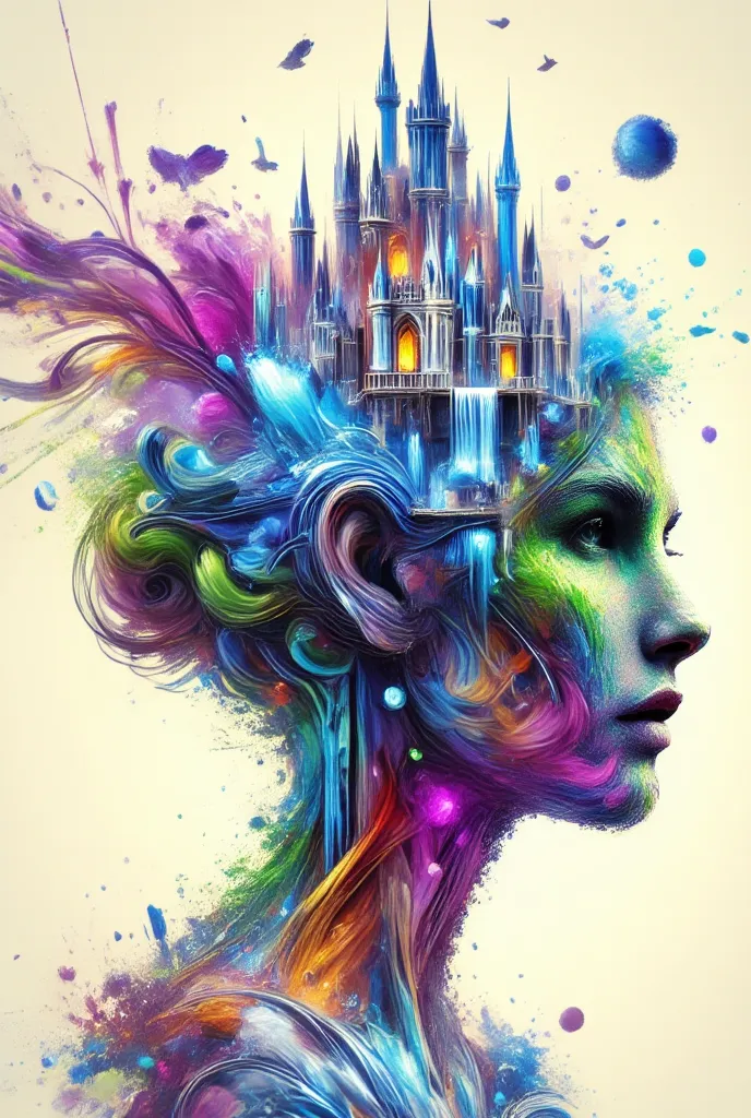 masterpiece, double exposure, a woman with a castle on her head, birds fly over the castle and there is a waterfall, dreamlike work of art.vibrant colors!