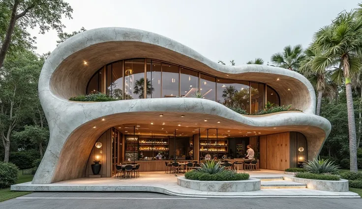 Design the front view of small and narrow curvilinear construction with contemporary design, featuring a striking parametric wall that flows like organic waves for the three stories coffee shop, blends organic forms, nature with modern design. Make it real...