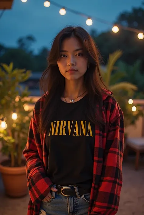 selfie photo of beautiful Thai woman, on the terrace of the house, (Store bryster))  at night , nirvana black t-shirt,  red plaid shirt, ripped jeans, cinematic