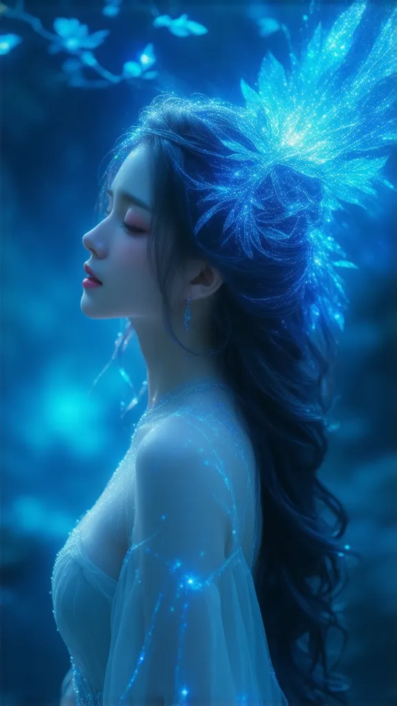 beautiful aura　amazing beauty　Mysterious　すごく綺麗なblue　lover　blue　Like a celestial maiden　meteors
sparkling hair ornament　beautiful, gently wavy hair up to the waist　Full body　A woman who looks in front of her memories is beautiful　I'm closing my eyes lovingl...