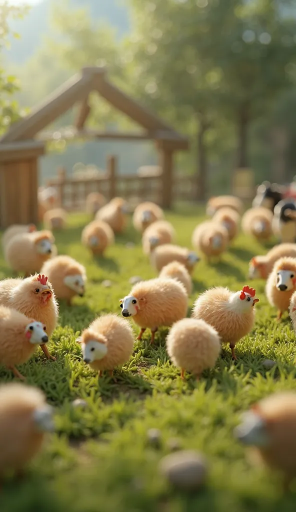 Tiny cows and chickens are carefully placed around a miniature farm field with green patches.