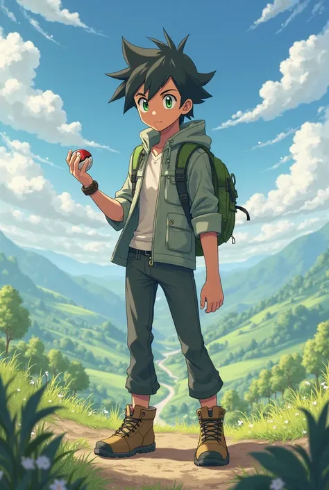 Boy pokemon trainer holding pokeball  with black hair and green eyes