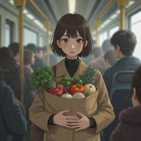 I'm a Japanese woman with short brown hair、I'm wearing a brown coat。I'm on a train。I have a supermarket bag in both hands and there are lots of vegetables, meat, and fish in it。