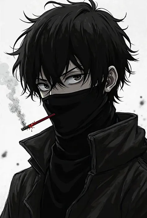 Black and white photo of anime sniper sucking red cigarette fire wearing mask