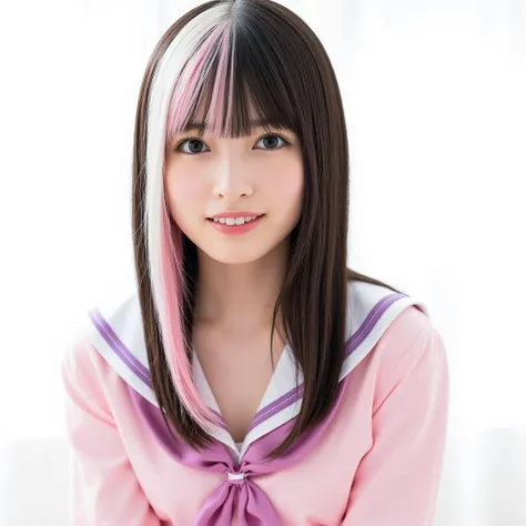 Two-tone color with black hair and white pink、 has bangs、、 light background、 sailor suit、long hair、