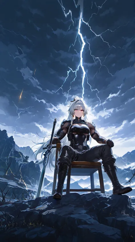 topquality, 1man, muscular, CALCHARO (//wuthering waves//), flowing long silver hair, tactical outfit, leather boots, wide angle view, sitting in a chair, on the mountain top, background: stormy clouds, lightning strikes, eye detail, dark ambiance, absurdr...
