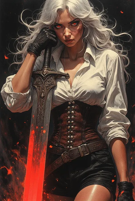 a dark, fantasy style, depicting a young woman with a stern, intense expression. She has long, flowing silver hair, partly covering her face, and her eyes are glowing with a fierce, red light. She wears a white, long-sleeved shirt with the sleeves rolled u...