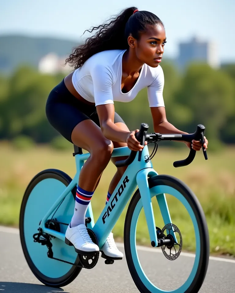 Here is the reinforced prompt:  

"A **masterpiece, high-quality, high-resolution** image of a powerful female cyclist riding a sleek, light blue road bike branded 'FACTOR' outdoors in an open, natural environment. She is actively pedaling, displaying **st...