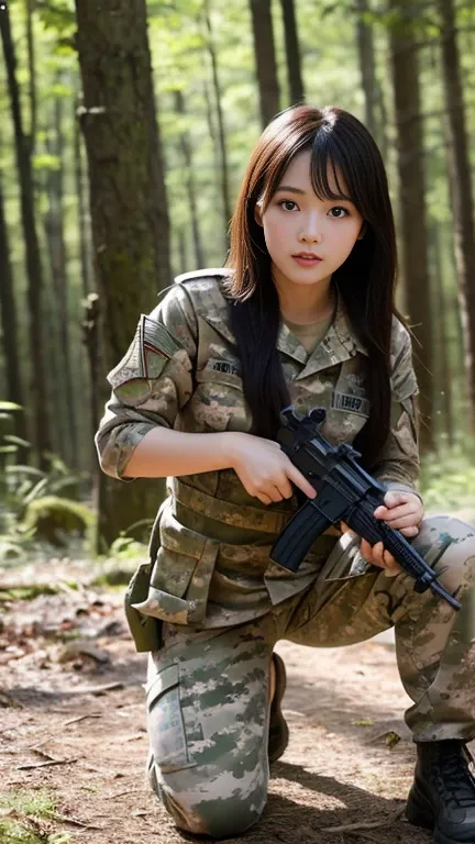 Beautiful Japanese-Korean half-ball girl, the prettiest face, 25 years old, big breasts, white face as clear as neon tubes, skin flushed like a neon tube, long hair, in a full military camouflage suit with full body weapons and all the necessary equipment ...