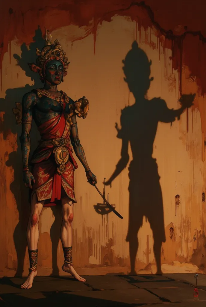 (Scenes from a traditional shadow play called Wayang Kuri)A scene from a traditional shadow play called, Composition showing shadows on the wall, The doll is openwork carved using buffalo leather and has an exquisite pattern,vivid colors and red, gold, etc...